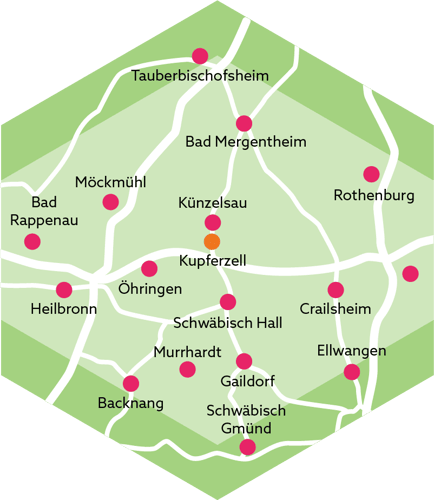 Karte der Region Hohenlohe und Umgebung mit markiertem Einsatzgebiet von Freiluftzimmer.