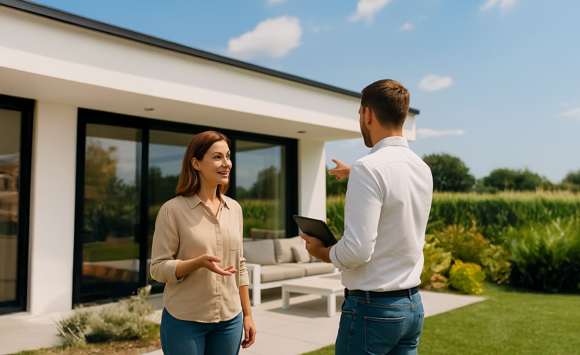 Beratungsgespräch auf Terrasse – Kundin und Berater besprechen Glasdachlösungen vor Ort.