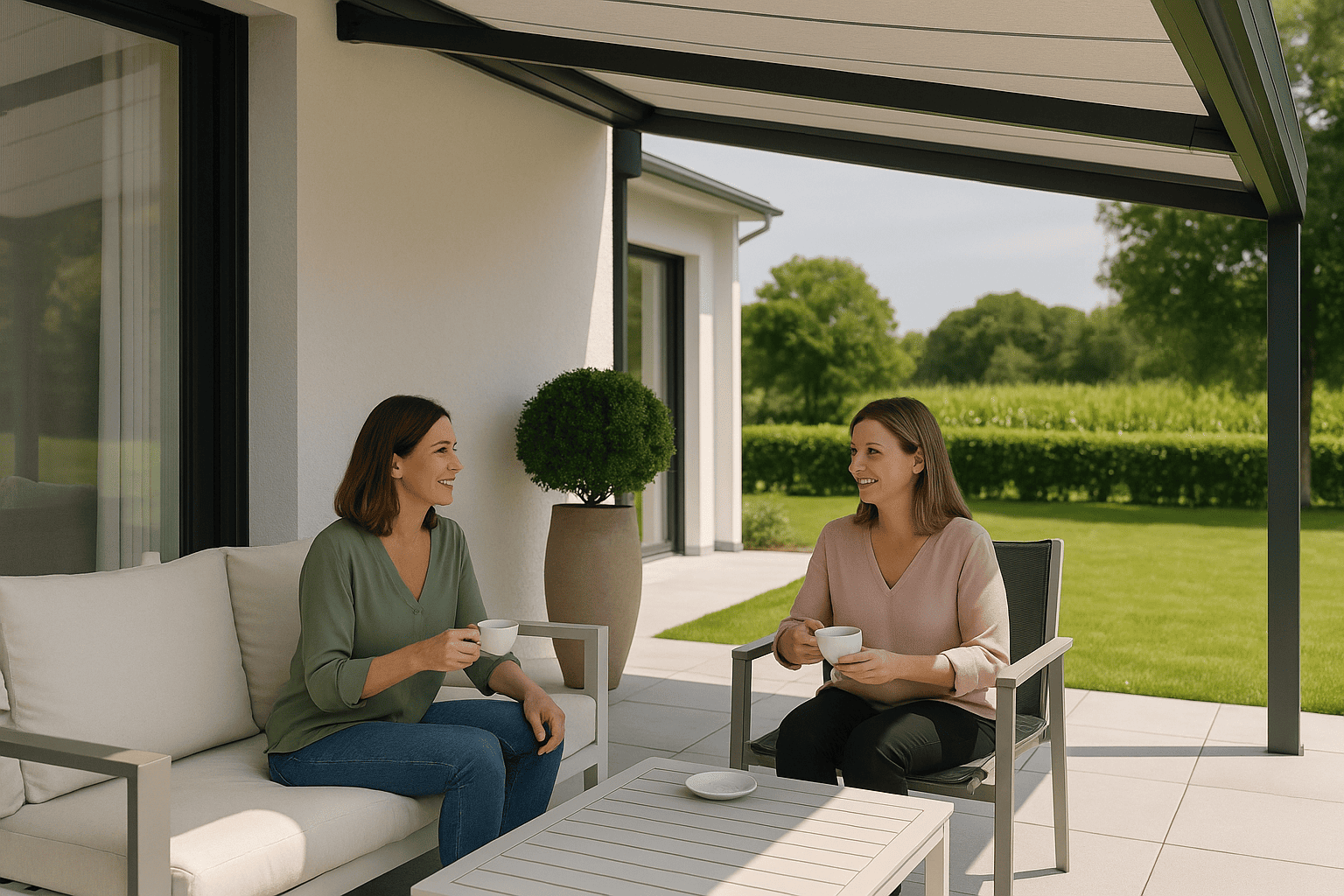 Terrassenszene mit Unterglas-Markise – zwei Personen genießen den Schatten unter dem Glasdach.
