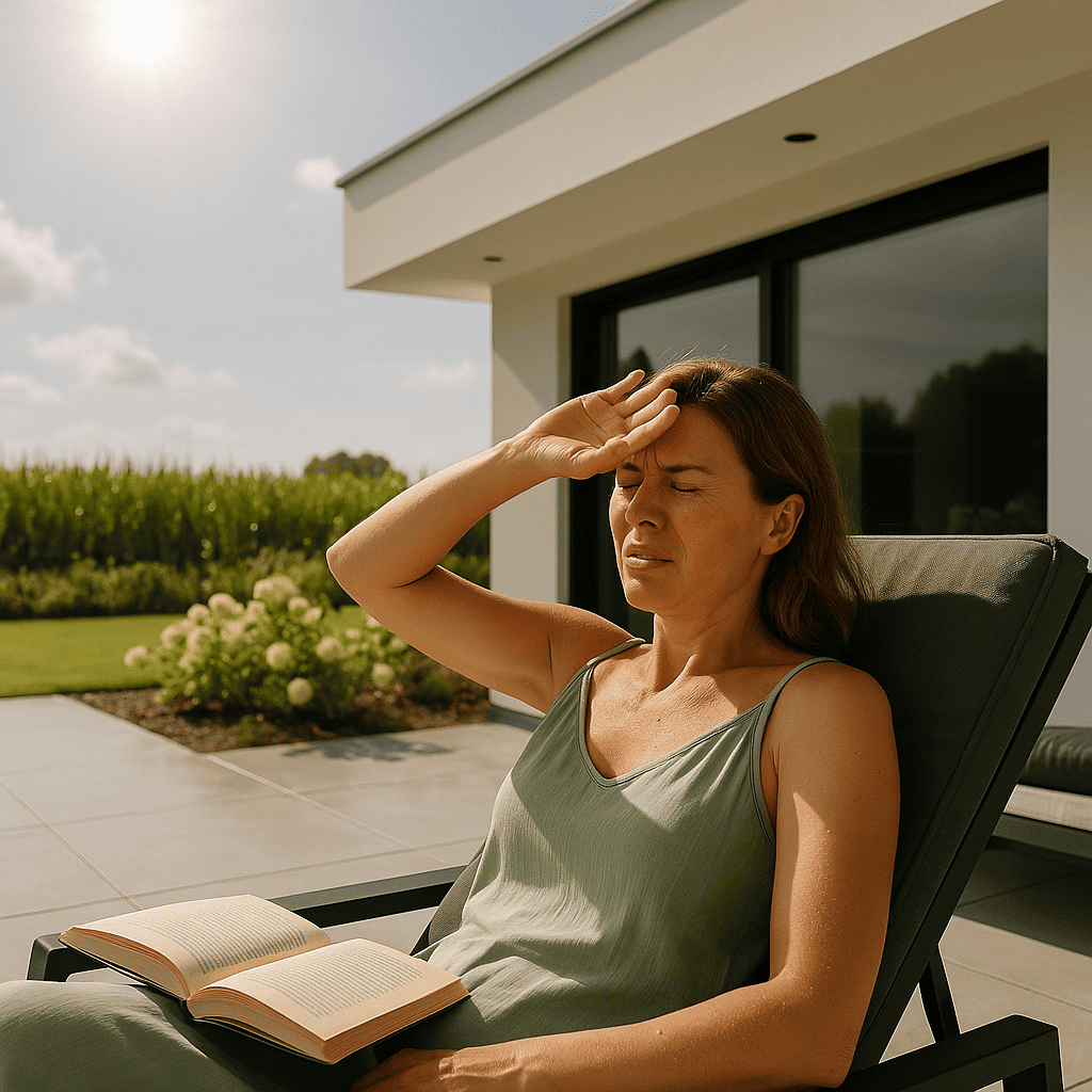 Terrasse ohne Überdachung, auf der die Sonne stark scheint – Beispiel für Hitzebelastung ohne Sonnenschutz