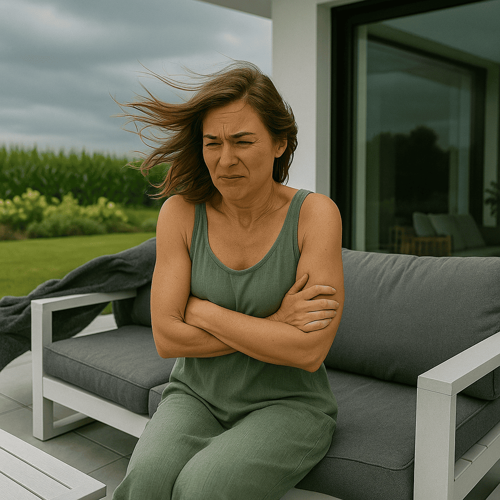 Windige Terrasse mit verwehten Gegenständen – Symbol für fehlenden Windschutz.